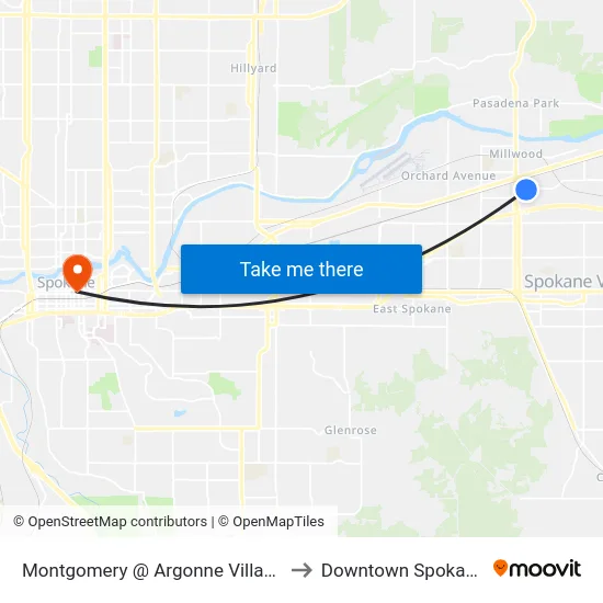 Montgomery @ Argonne Village to Downtown Spokane map