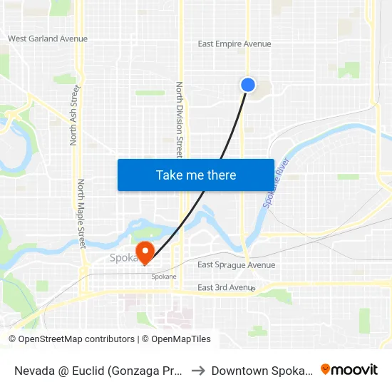 Nevada @ Euclid (Gonzaga Prep) to Downtown Spokane map