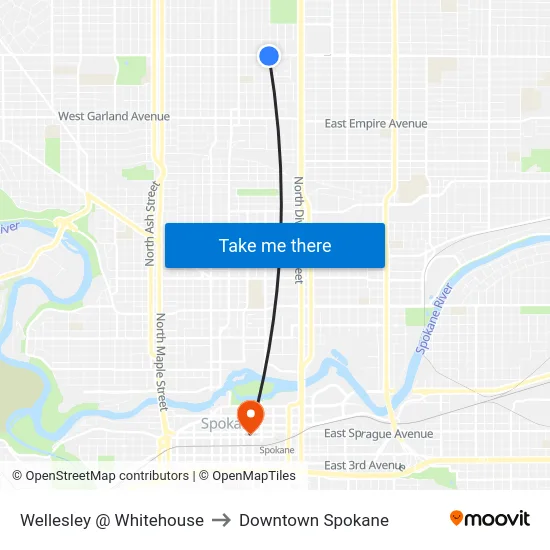 Wellesley @ Whitehouse to Downtown Spokane map
