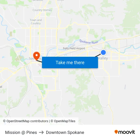 Mission @ Pines to Downtown Spokane map