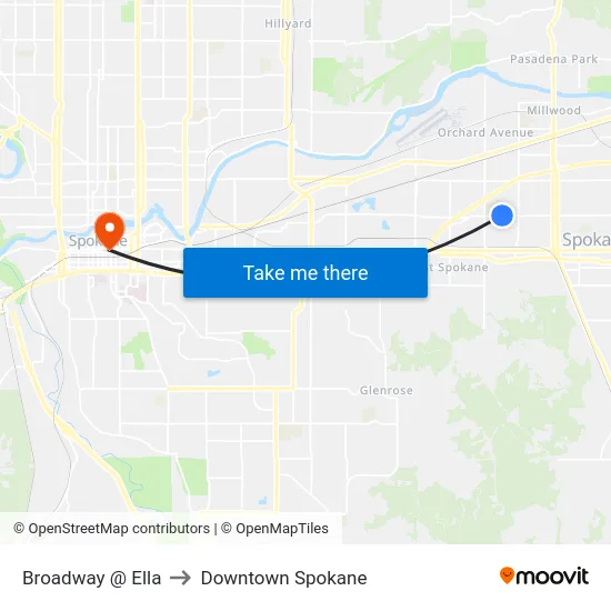 Broadway @ Ella to Downtown Spokane map