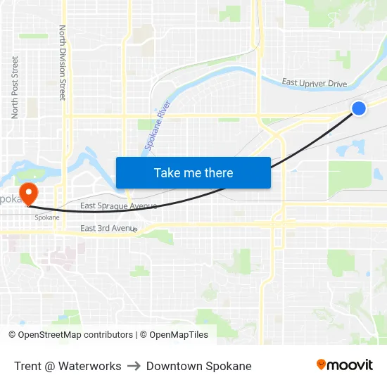 Trent @ Waterworks to Downtown Spokane map