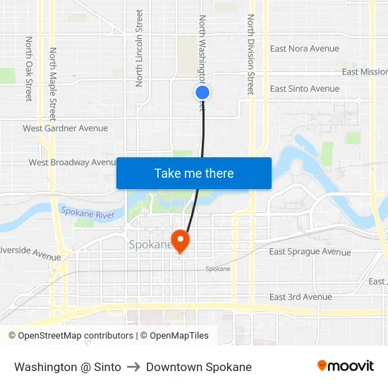 Washington @ Sinto to Downtown Spokane map