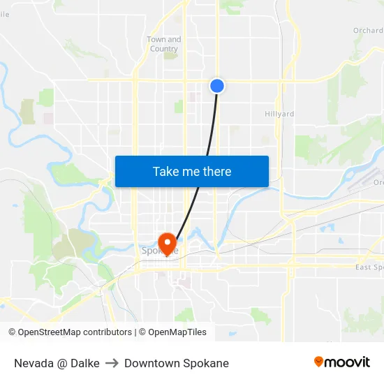 Nevada @ Dalke to Downtown Spokane map