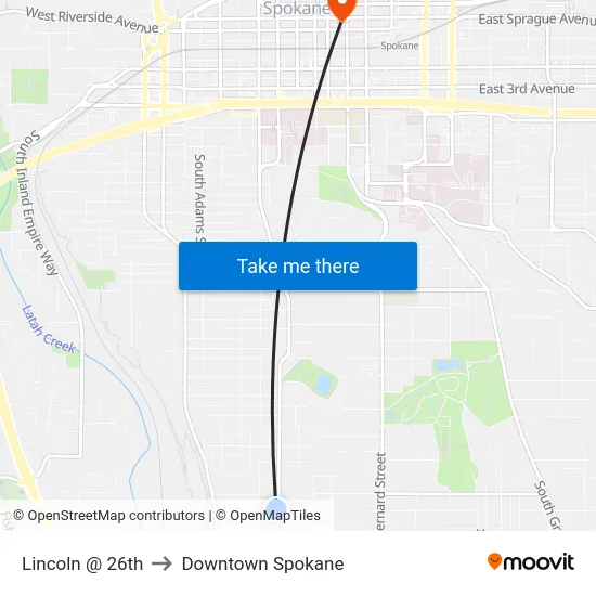 Lincoln @ 26th to Downtown Spokane map