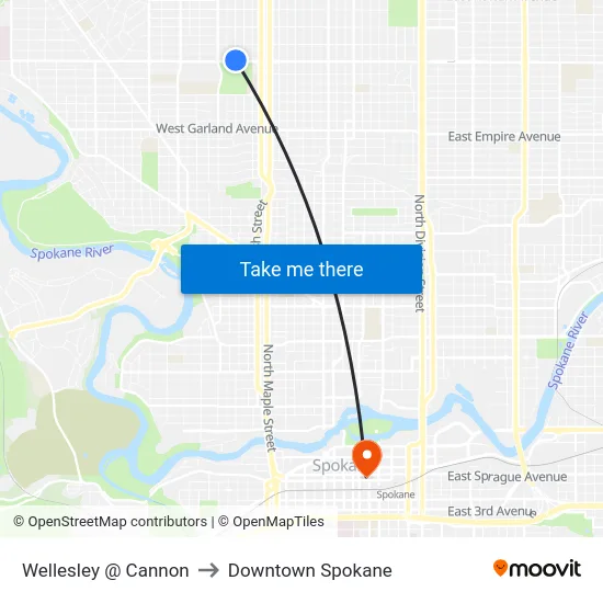 Wellesley @ Cannon to Downtown Spokane map