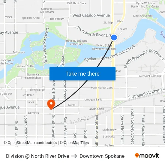 Division @ North River Drive to Downtown Spokane map