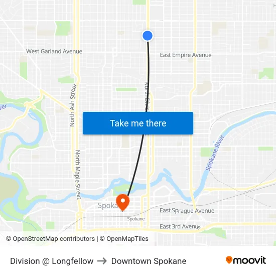 Division @ Longfellow to Downtown Spokane map