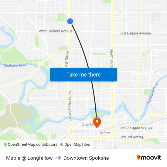 Maple @ Longfellow to Downtown Spokane map