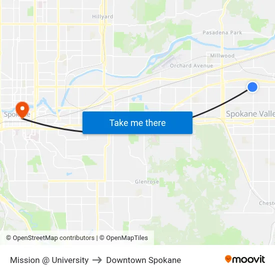 Mission @ University to Downtown Spokane map