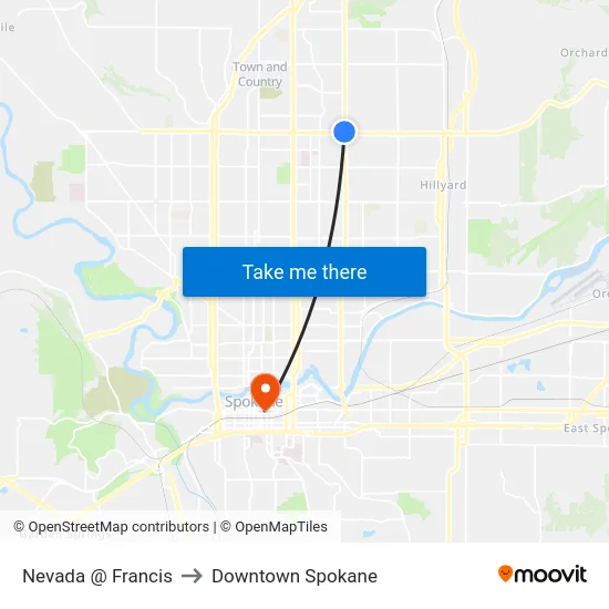 Nevada @ Francis to Downtown Spokane map