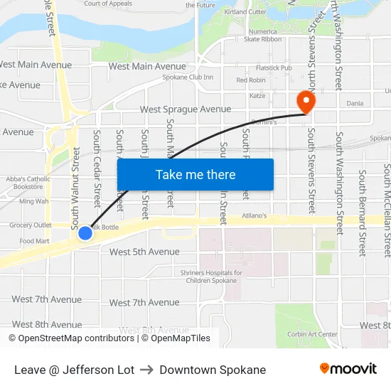 Leave @ Jefferson Lot to Downtown Spokane map