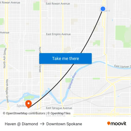 Haven @ Diamond to Downtown Spokane map