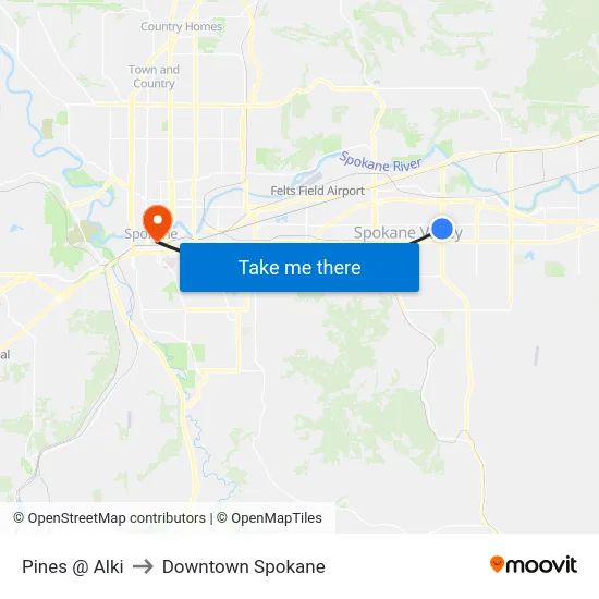 Pines @ Alki to Downtown Spokane map