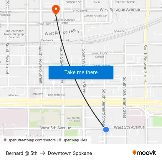 Bernard @ 5th to Downtown Spokane map