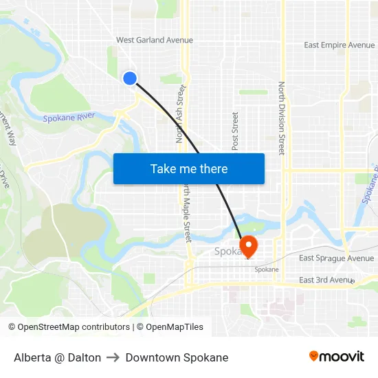 Alberta @ Dalton to Downtown Spokane map