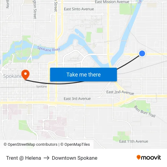 Trent @ Helena to Downtown Spokane map
