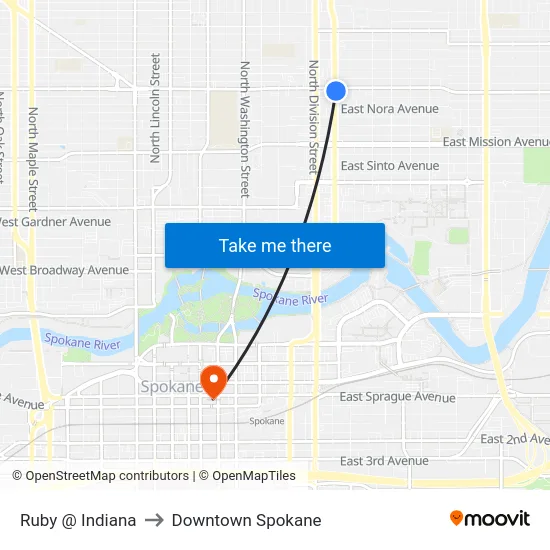 Ruby @ Indiana to Downtown Spokane map