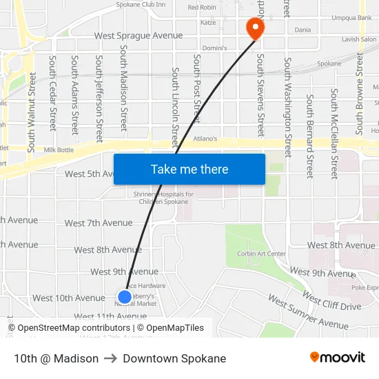 10th @ Madison to Downtown Spokane map