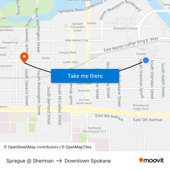 Sprague @ Sherman to Downtown Spokane map