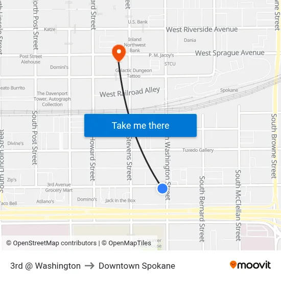 3rd @ Washington to Downtown Spokane map