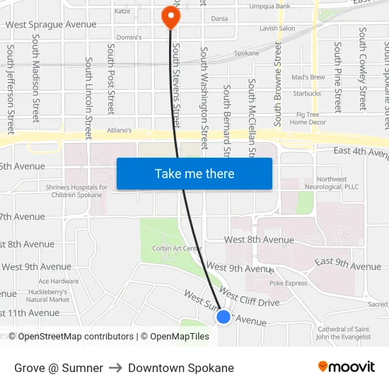 Grove @ Sumner to Downtown Spokane map