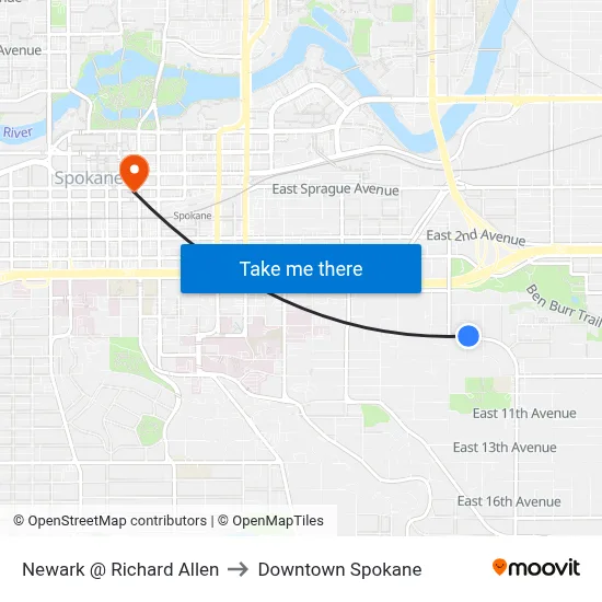 Newark @ Richard Allen to Downtown Spokane map