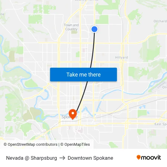 Nevada @ Sharpsburg to Downtown Spokane map