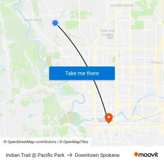 Indian Trail @ Pacific Park to Downtown Spokane map
