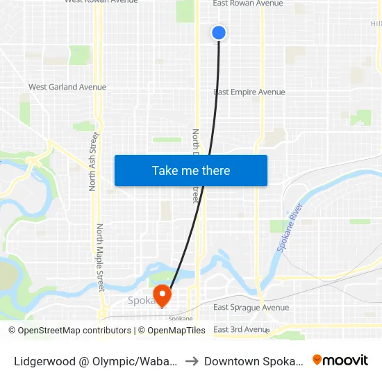 Lidgerwood @ Olympic/Wabash to Downtown Spokane map