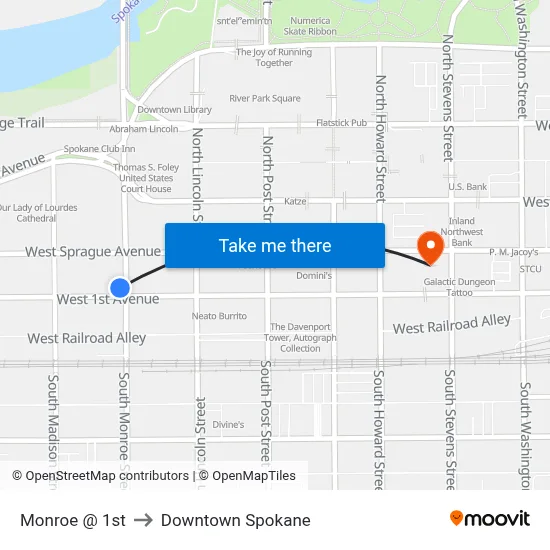 Monroe @ 1st to Downtown Spokane map