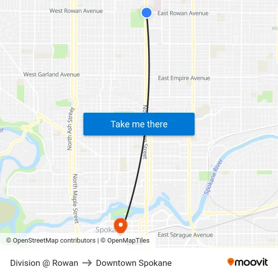 Division @ Rowan to Downtown Spokane map