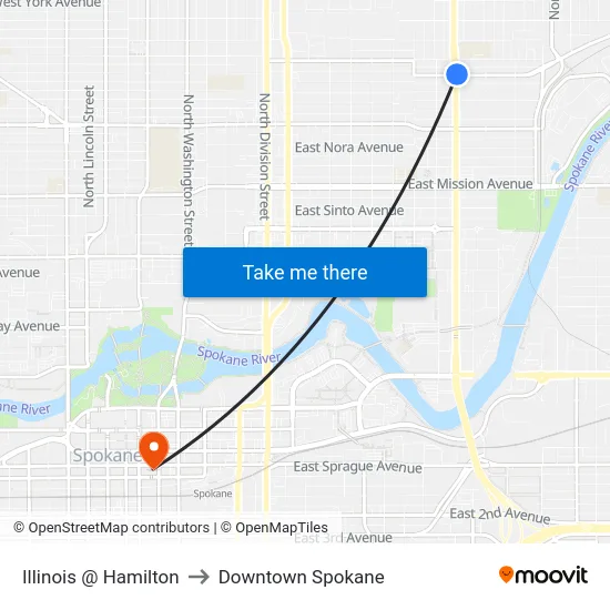 Illinois @ Hamilton to Downtown Spokane map