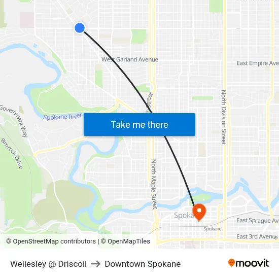 Wellesley @ Driscoll to Downtown Spokane map