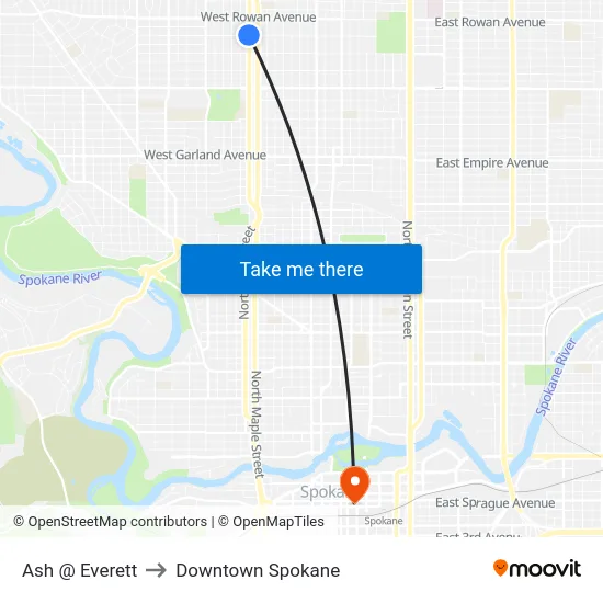 Ash @ Everett to Downtown Spokane map