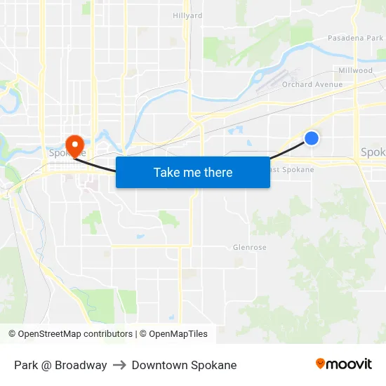 Park @ Broadway to Downtown Spokane map