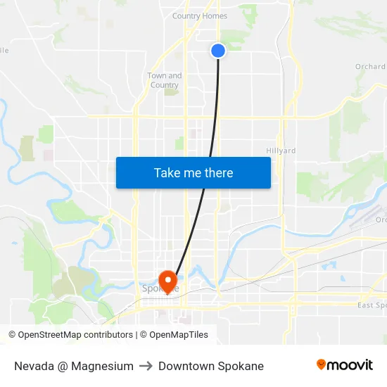 Nevada @ Magnesium to Downtown Spokane map