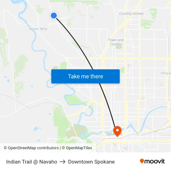 Indian Trail @ Navaho to Downtown Spokane map