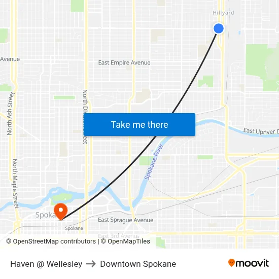 Haven @ Wellesley to Downtown Spokane map
