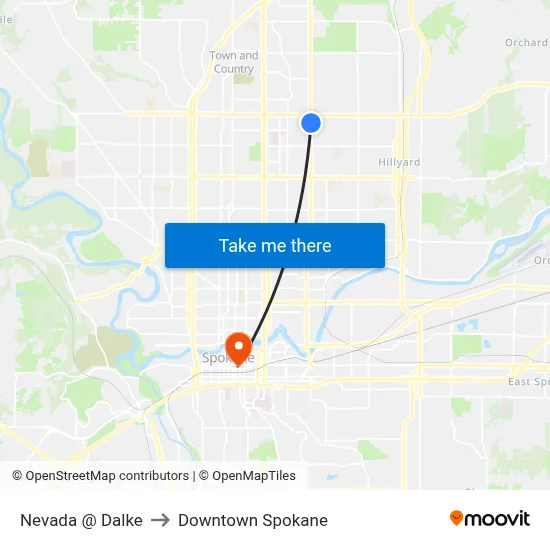 Nevada @ Dalke to Downtown Spokane map