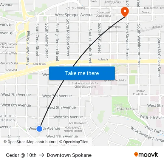 Cedar @ 10th to Downtown Spokane map