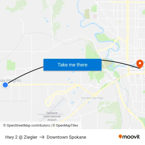 Hwy 2 @ Ziegler to Downtown Spokane map