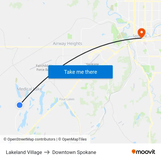 Lakeland Village to Downtown Spokane map