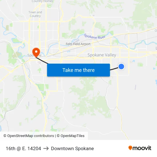16th @ E. 14204 to Downtown Spokane map