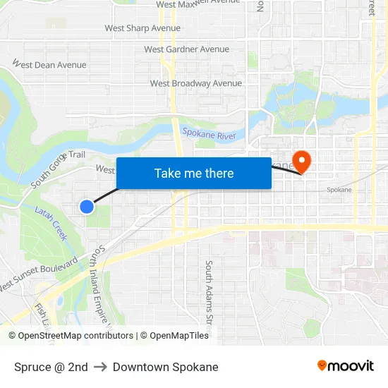 Spruce @ 2nd to Downtown Spokane map