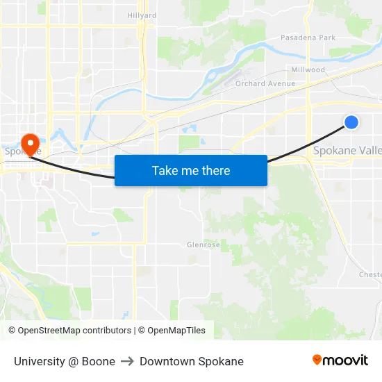 University @ Boone to Downtown Spokane map