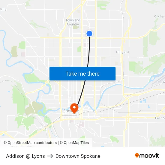 Addison @ Lyons to Downtown Spokane map