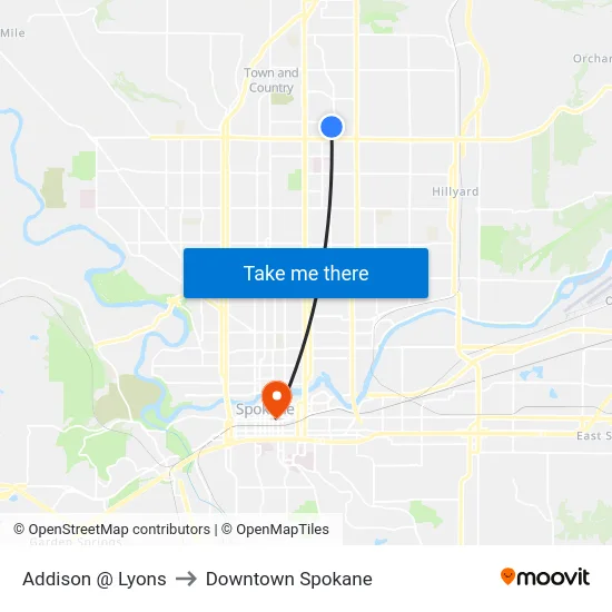 Addison @ Lyons to Downtown Spokane map