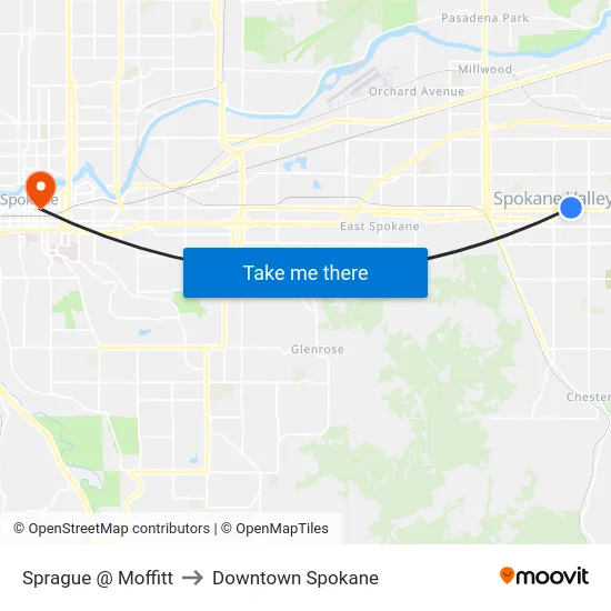 Sprague @ Moffitt to Downtown Spokane map