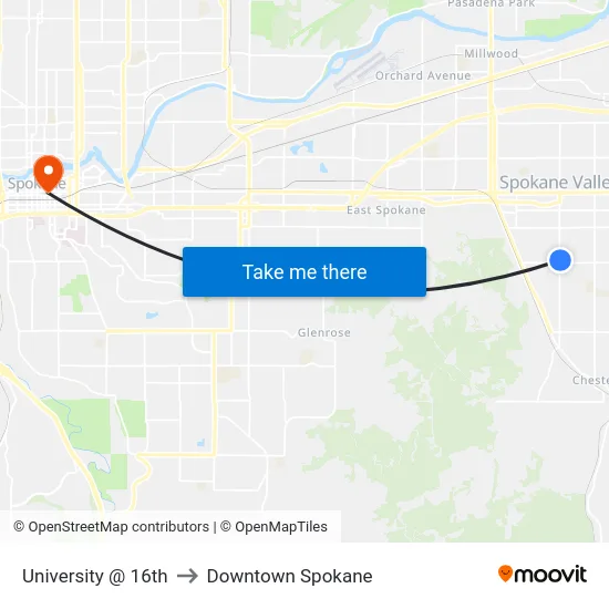 University @ 16th to Downtown Spokane map